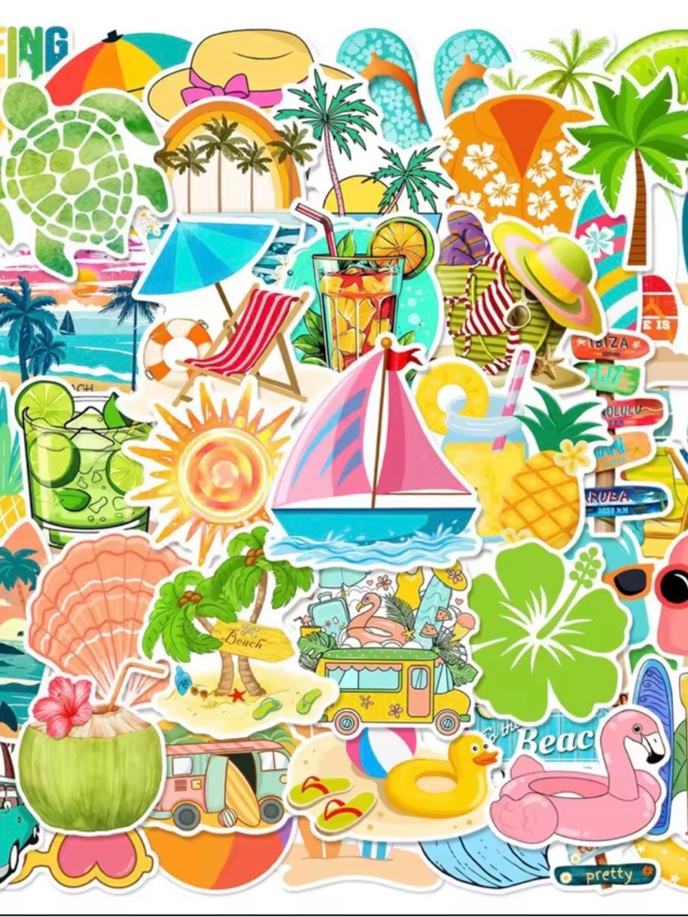 50 Tropical Beach Stickers — Vibrant Multi-Color Pack